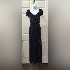 Adrianna Papell Midnight Blue Maxi Dress with Metallic Details